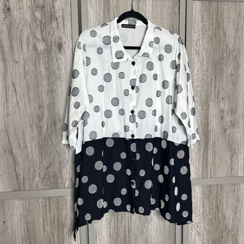 Steve Sells Studio Top OS Tunic Button Up Polka Dot White Navy Artsy Boho